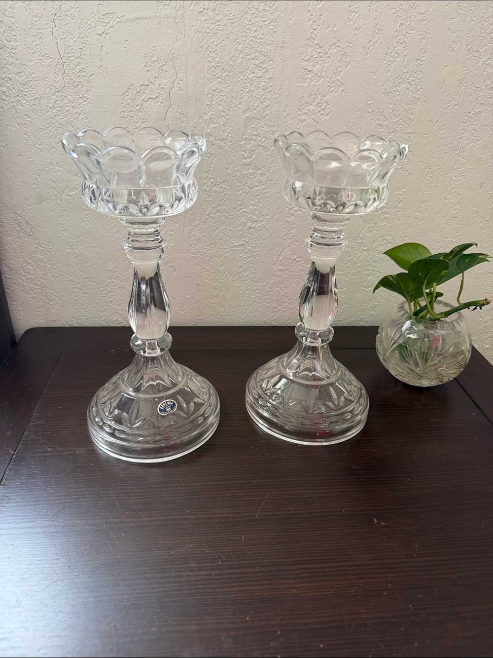 Set of 2 Bohemia Crystal Candle Holders – Vintage Czech Glass, Scalloped Edge Pe